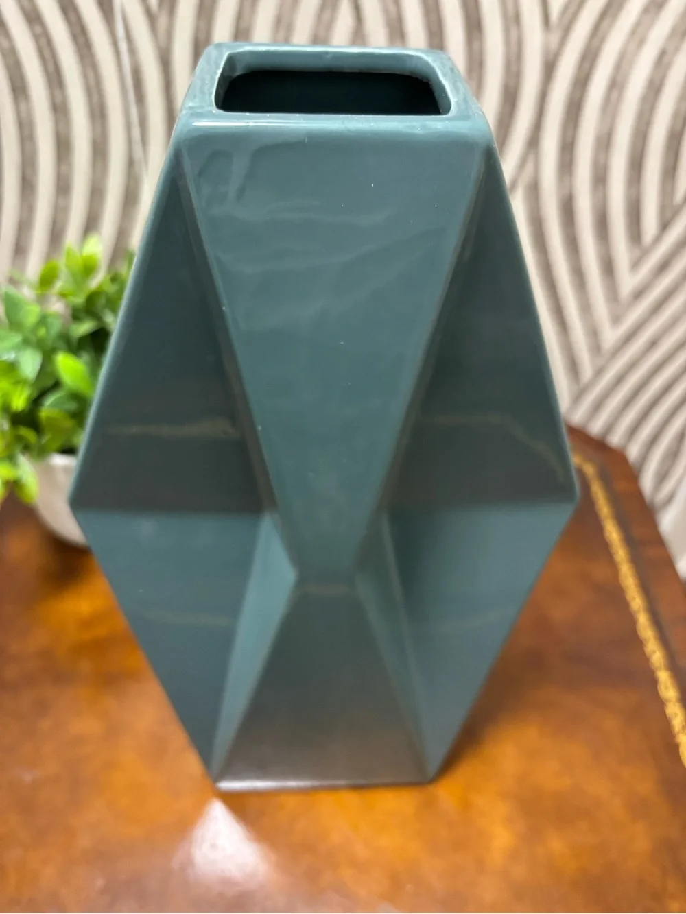 Beautiful teal ceramic geometric vase
